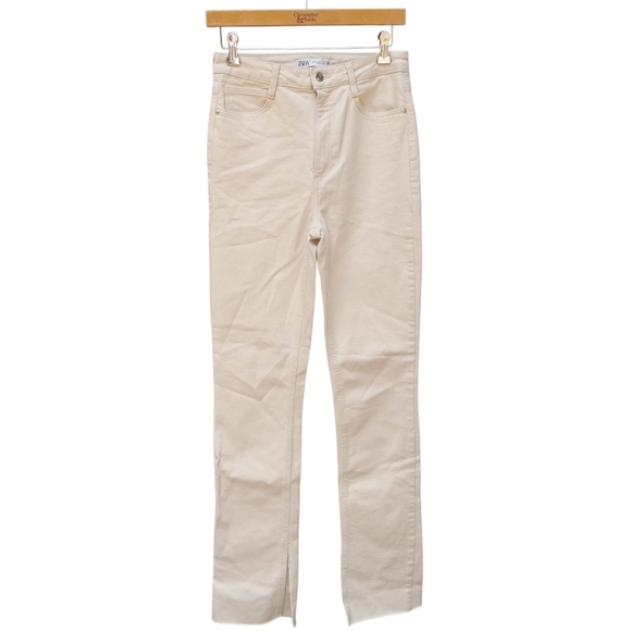 Zara Cream High-rise Jeans Slit Hem Size 6 Stretch Cotton Straight - Picture 2 of 11